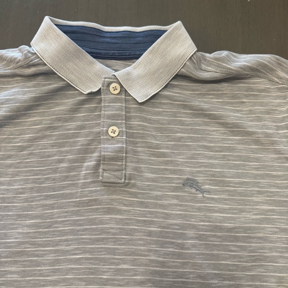 Tommy Bahama Polo Shirt Men’s L Gray Striped Marlin Logo Short Sleeve - Picture 3 of 5